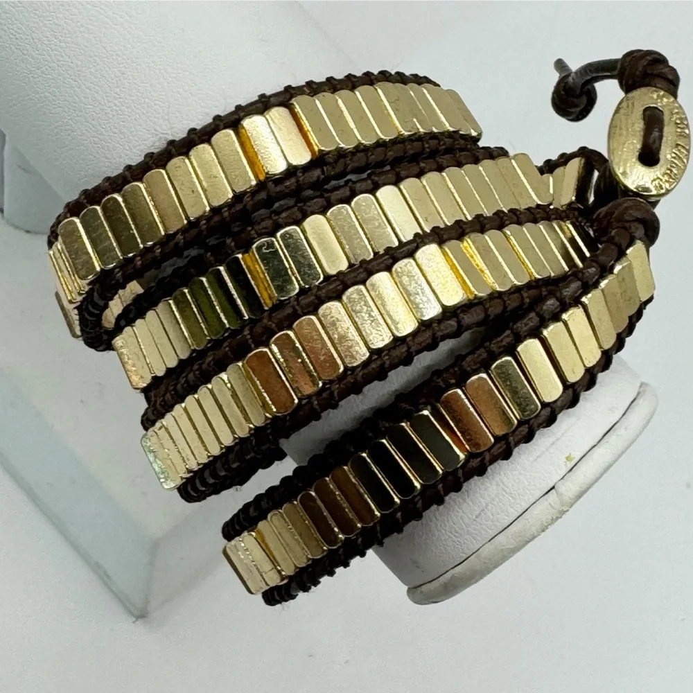 Marlyn Schiff gold tone bar bead brown leather wrap bracelet